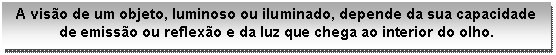 Caixa de texto: A visão de um objeto, luminoso ou iluminado, depende da sua capacidade de emissão ou reflexão e da luz que chega ao interior do olho.